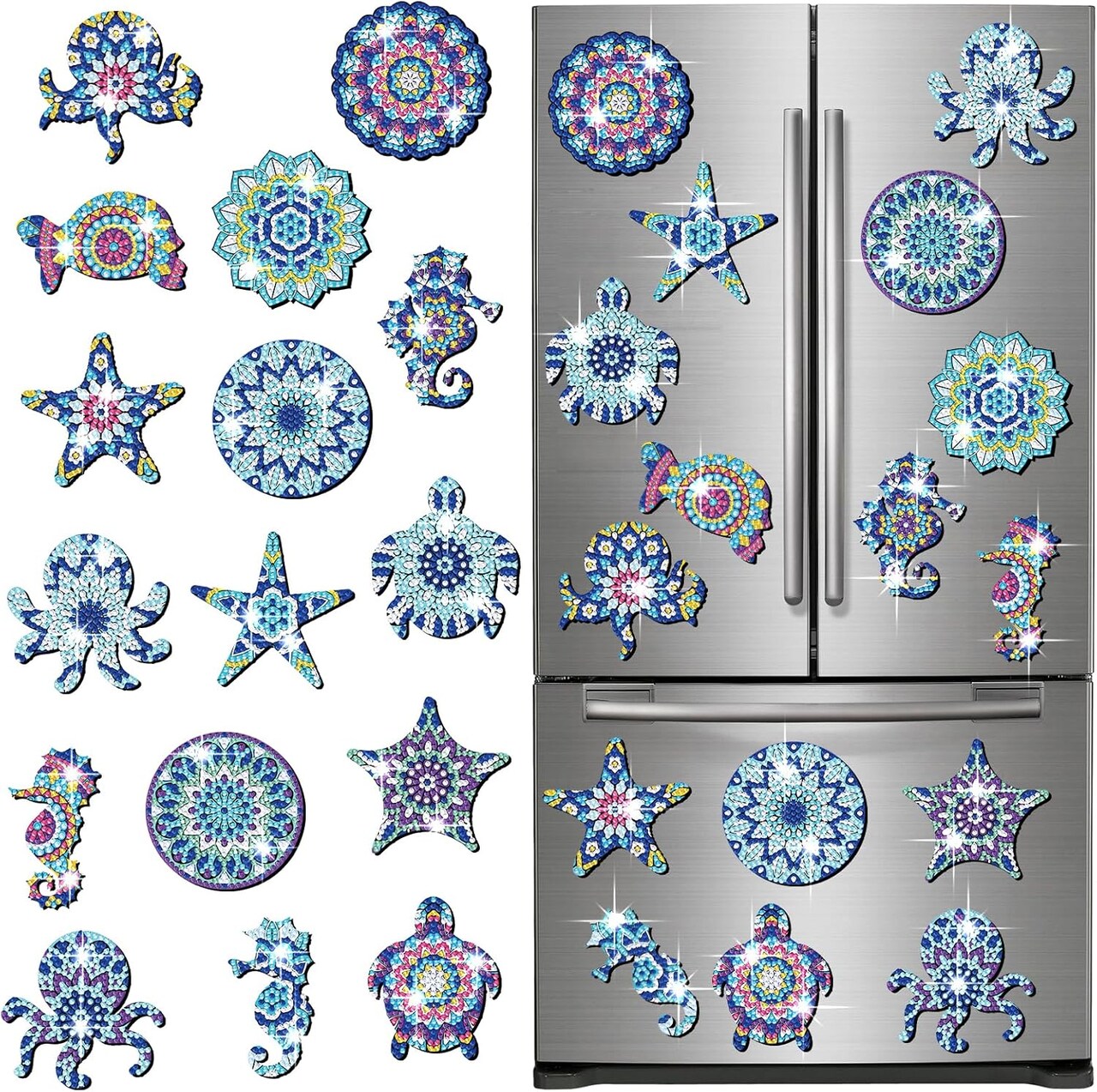 16 Pcs Summer Diamond Art Painting Magnets Sea Mandala Turtle Refrigerator Magnets Sticker Ocean Diamond Art Kits for Adults Gift Fridge DIY Summer Decorations